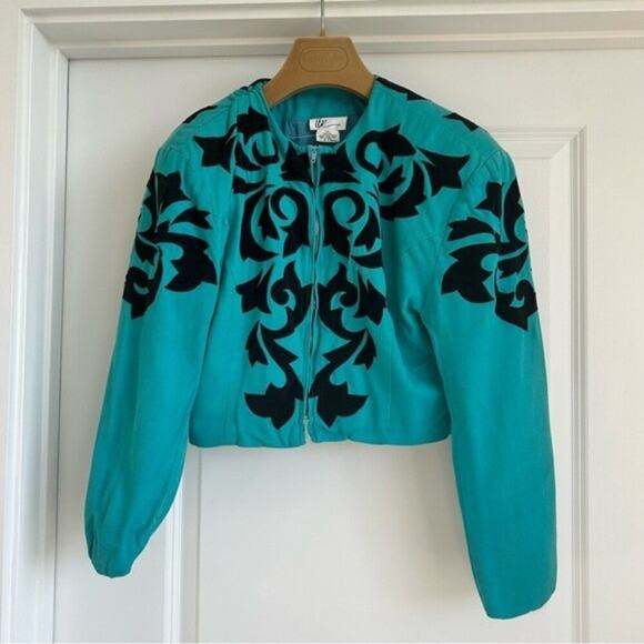 Vintage 1990s Cropped Jacket Shoulder Pads Western Teal Turquoise Dolly Parton M - Picture 10 of 11